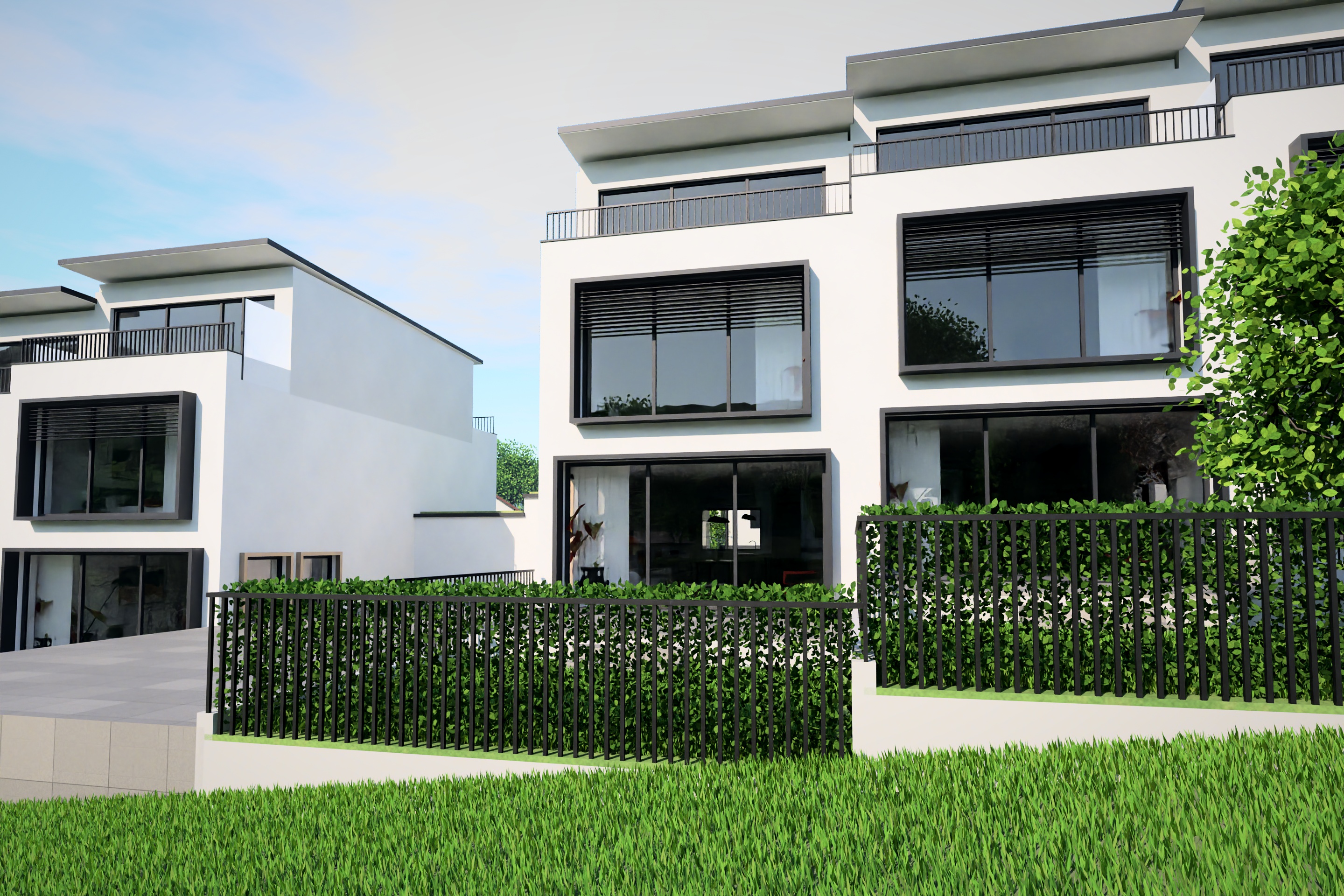 Gartenseite von Reihenhaus 4 – Terrasse, Garten und zwei Dachterrassen