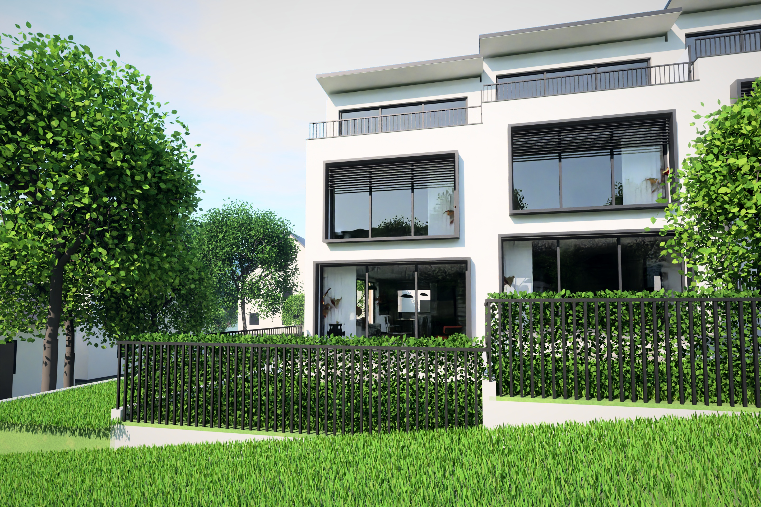 Gartenseite von Reihenhaus 8 – Terrasse, Garten und zwei Dachterrassen