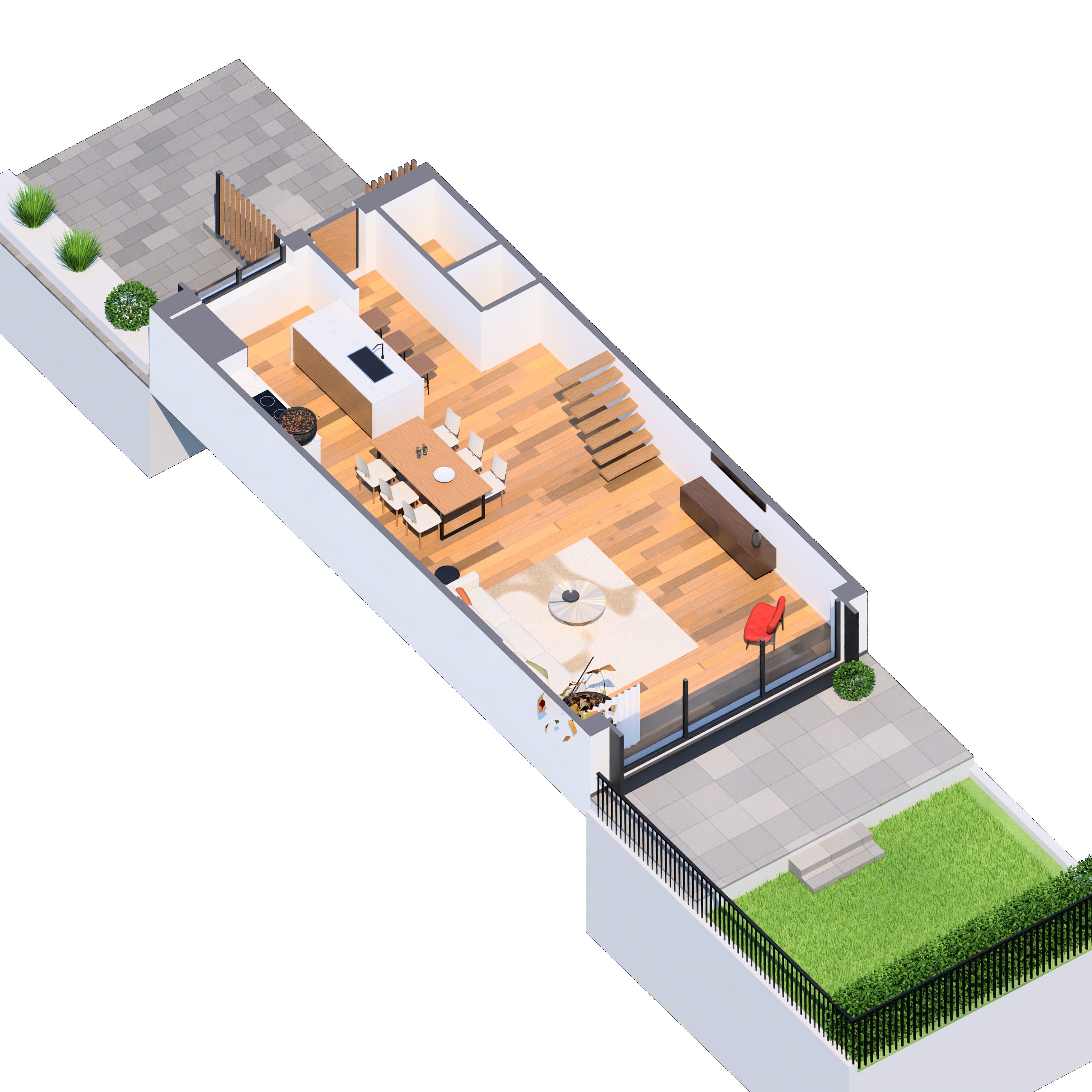 3D-Grundriss des Erdgeschosses von Reihenhaus 7