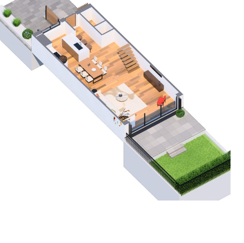 3D-Grundriss des Erdgeschosses von Reihenhaus 8