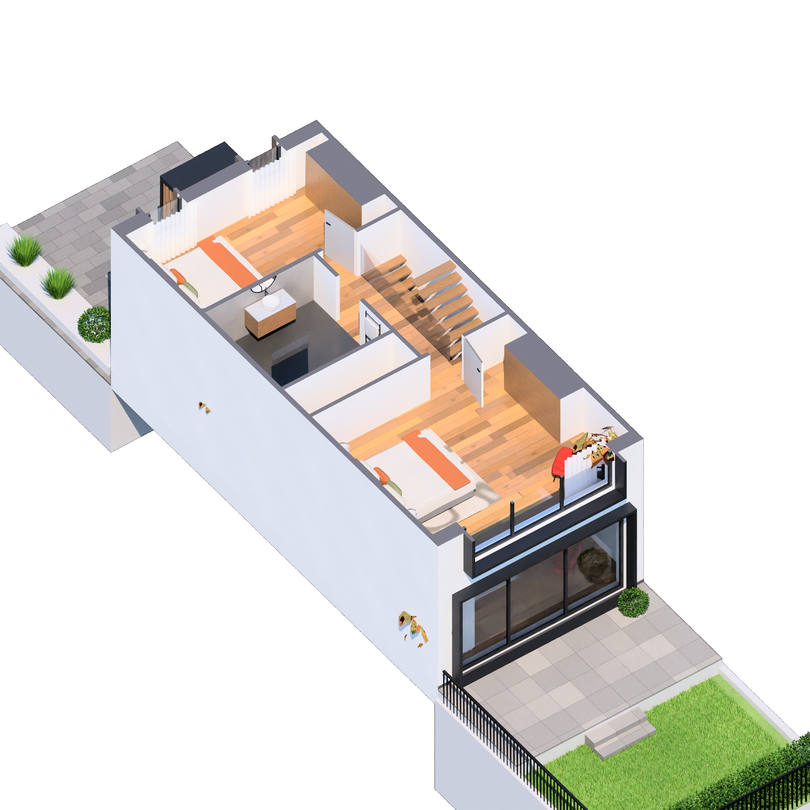 3D-Grundriss des Obergeschosses von Reihenhaus 7