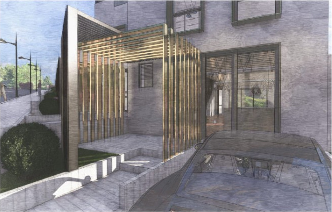 Entwurfsvisualisierung des Architekten – Eingangsbereich mit Holzlamellen