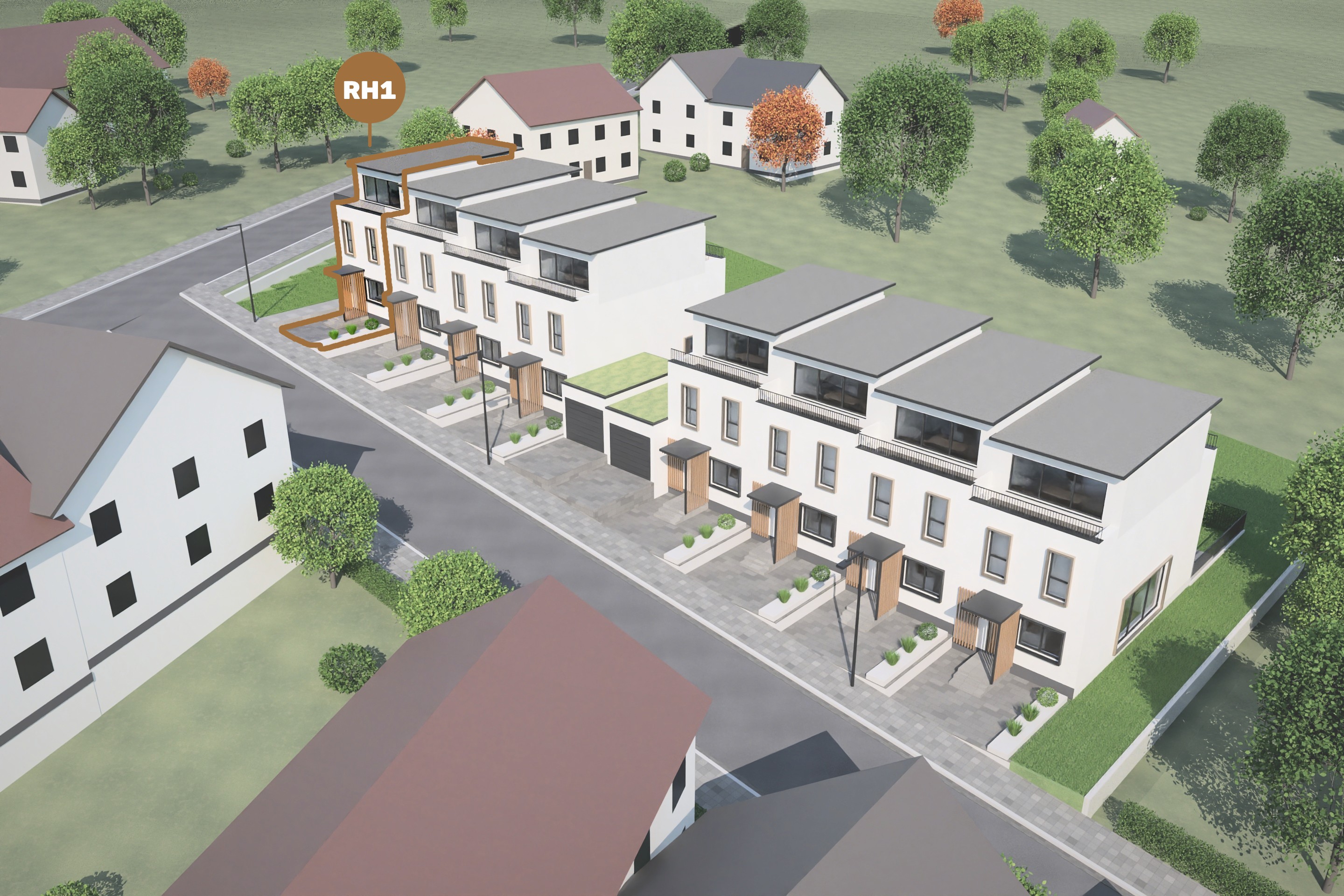 Lage von Reihenhaus 1 im Ensemble – Luftbild der Straßenseite