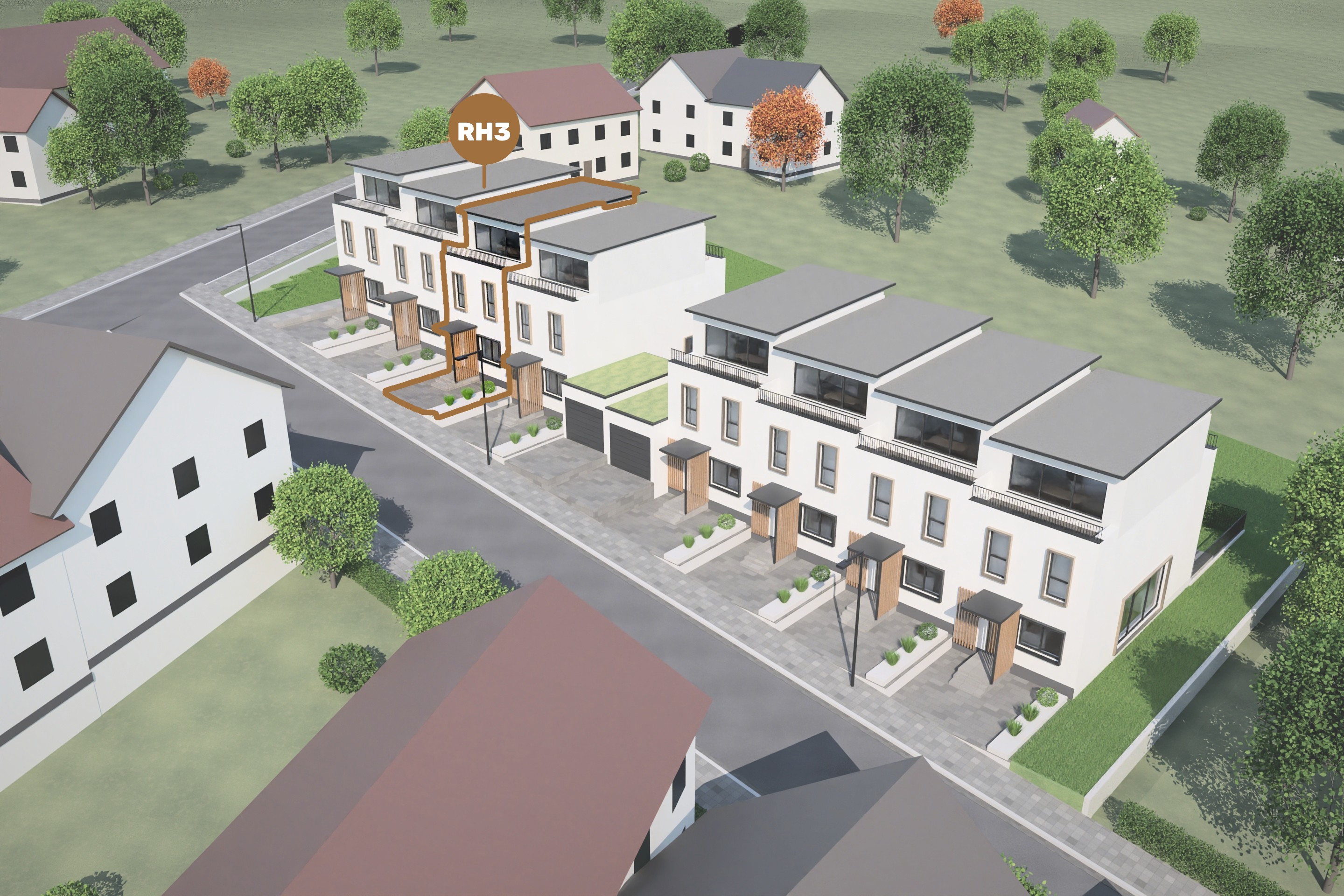 Lage von Reihenhaus 3 im Ensemble – Luftbild der Straßenseite