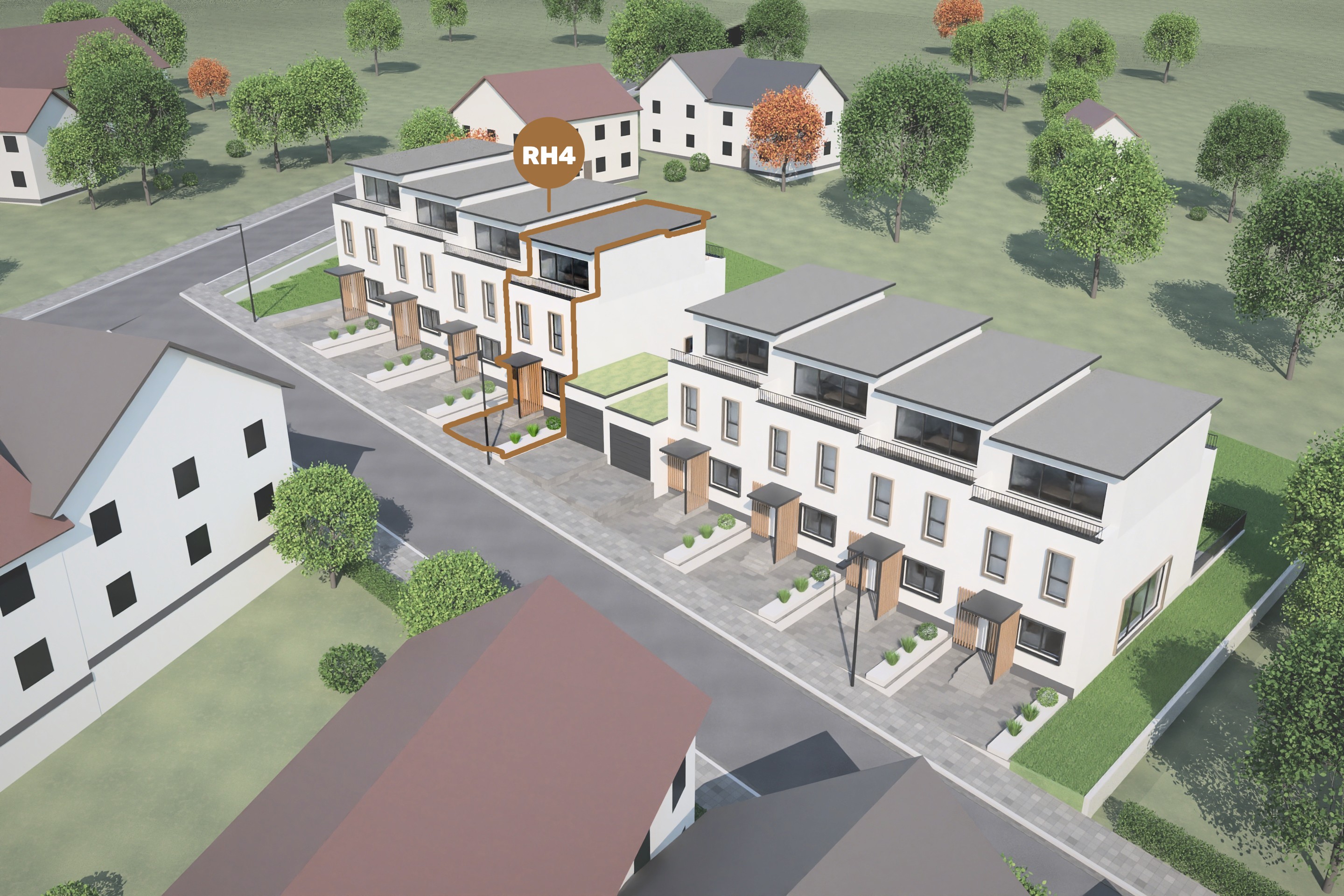 Lage von Reihenhaus 4 im Ensemble – Luftbild der Straßenseite