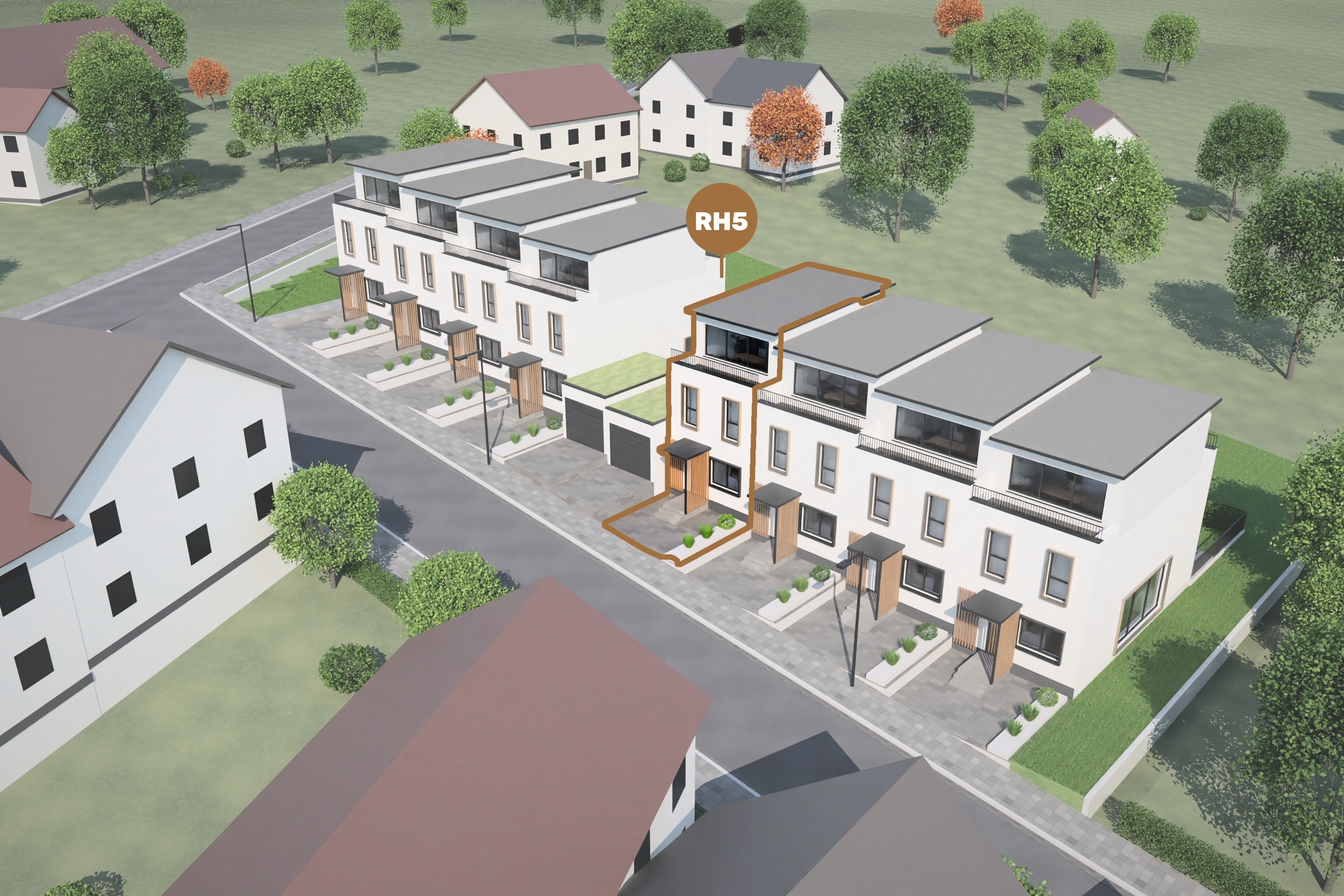 Lage von Reihenhaus 5 im Ensemble – Luftbild der Straßenseite