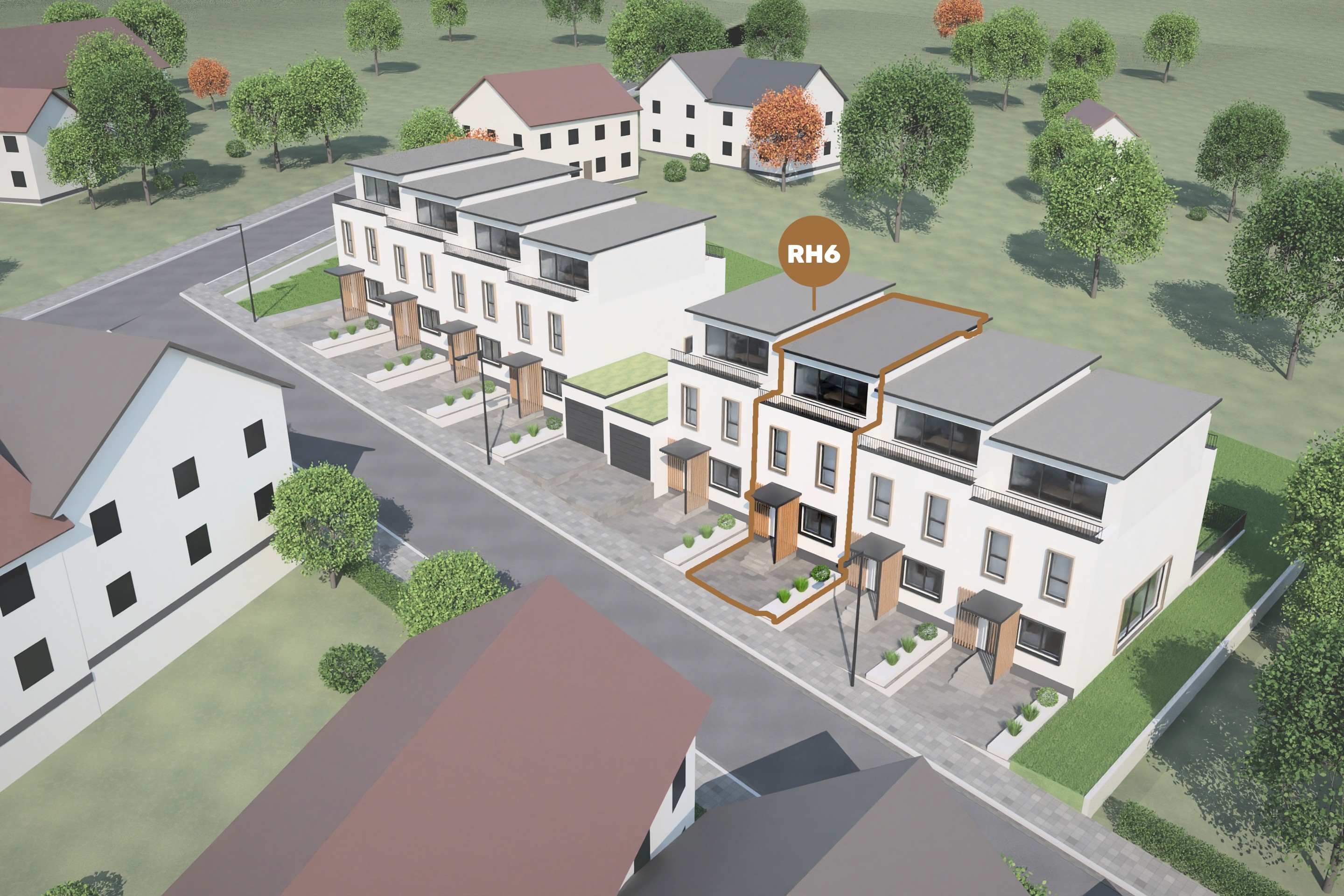 Lage von Reihenhaus 6 im Ensemble – Luftbild der Straßenseite
