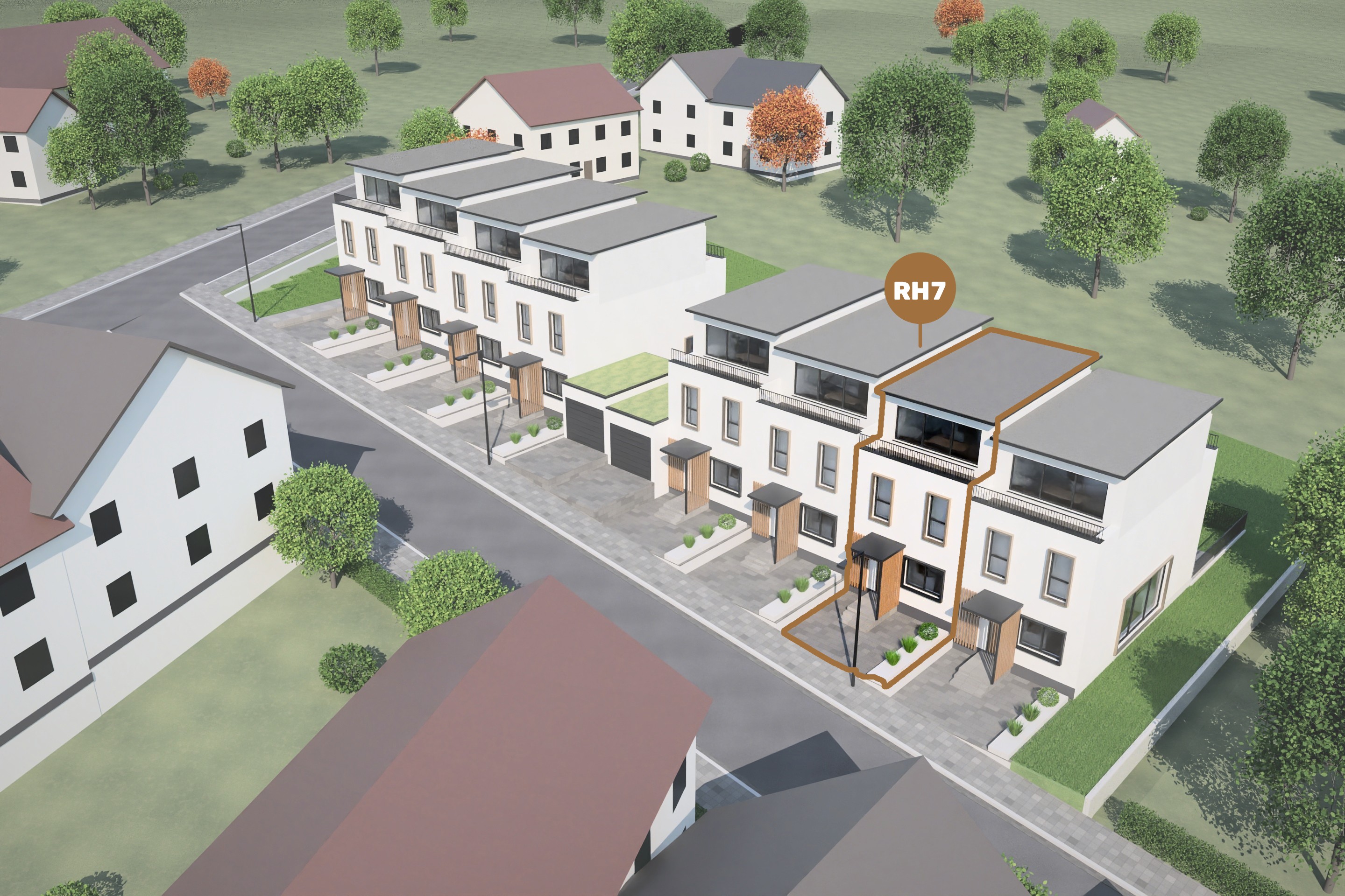 Lage von Reihenhaus 7 im Ensemble – Luftbild der Straßenseite