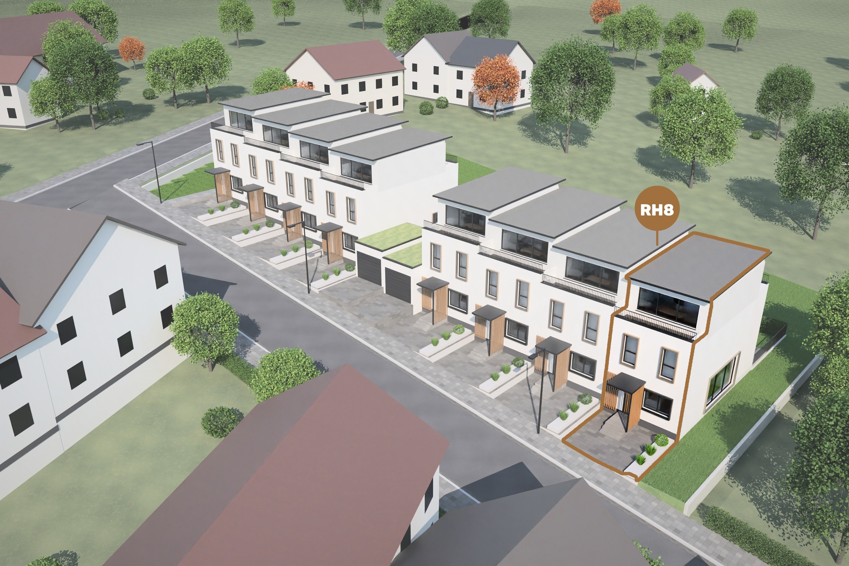 Lage von Reihenhaus 8 im Ensemble – Luftbild der Straßenseite